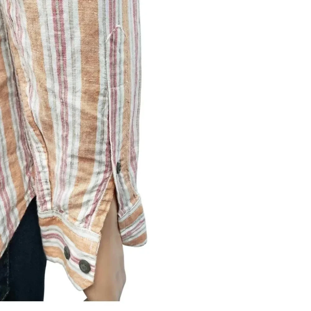 Banana Republic Linen Shirt Men S 14 / 14.5  Orange Stripe Long Sleeve Button Up